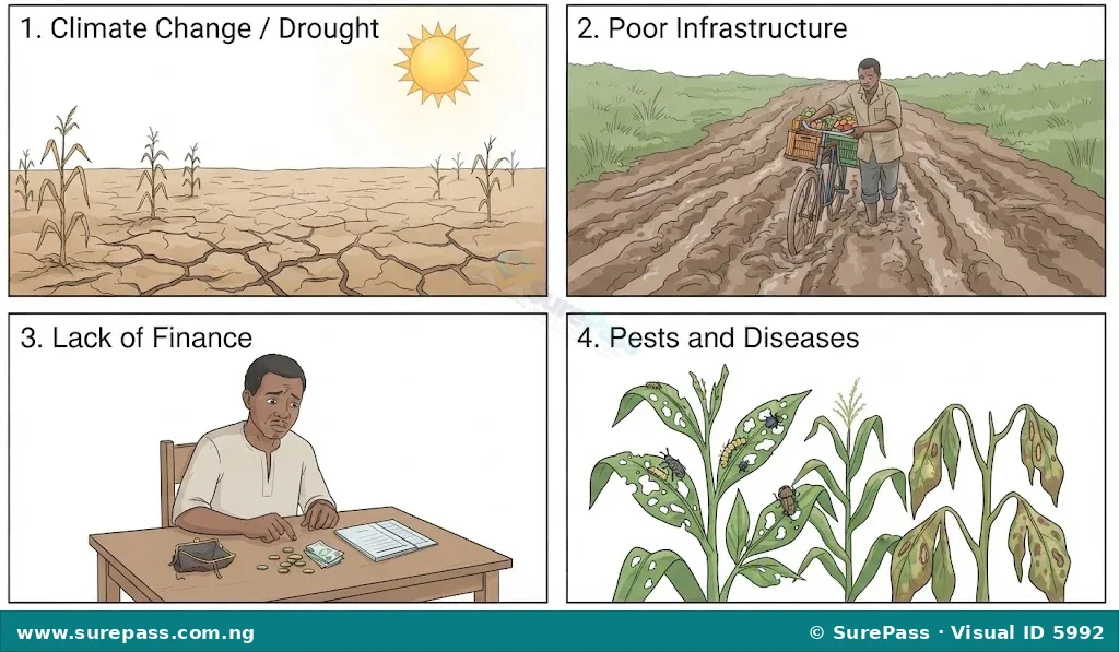 An illustration showing common challenges in Nigerian agriculture, including drought, poor rural roads, lack of finance for farmers, and pests affecting crops.