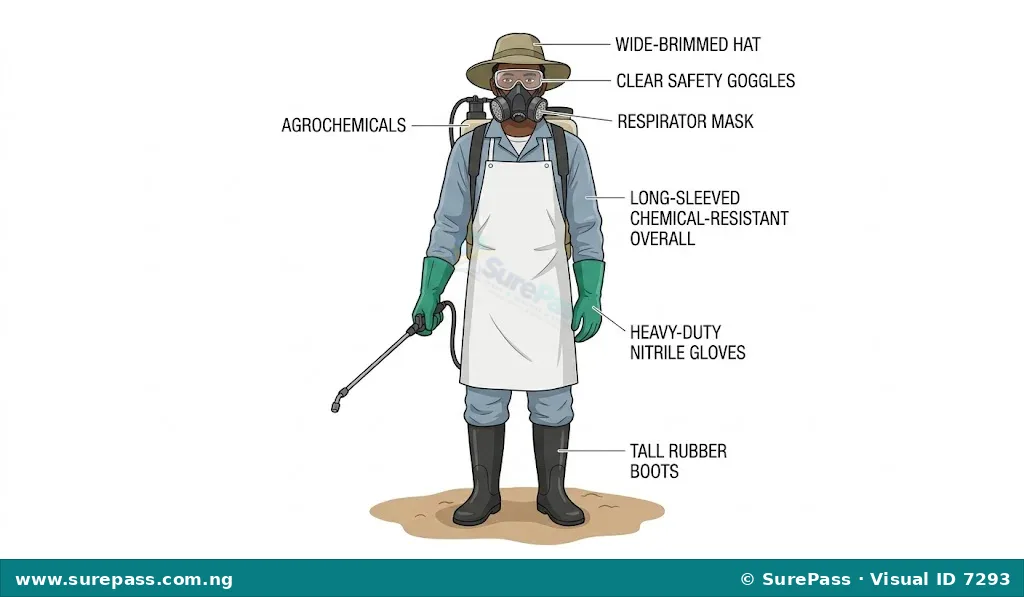 An illustration of a farm worker wearing complete Personal Protective Equipment (PPE) for chemical application.