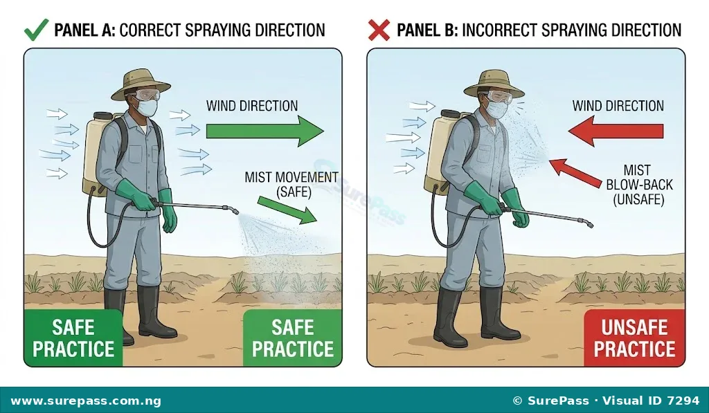 A comparison diagram showing correct spraying with the wind and incorrect spraying against the wind.
