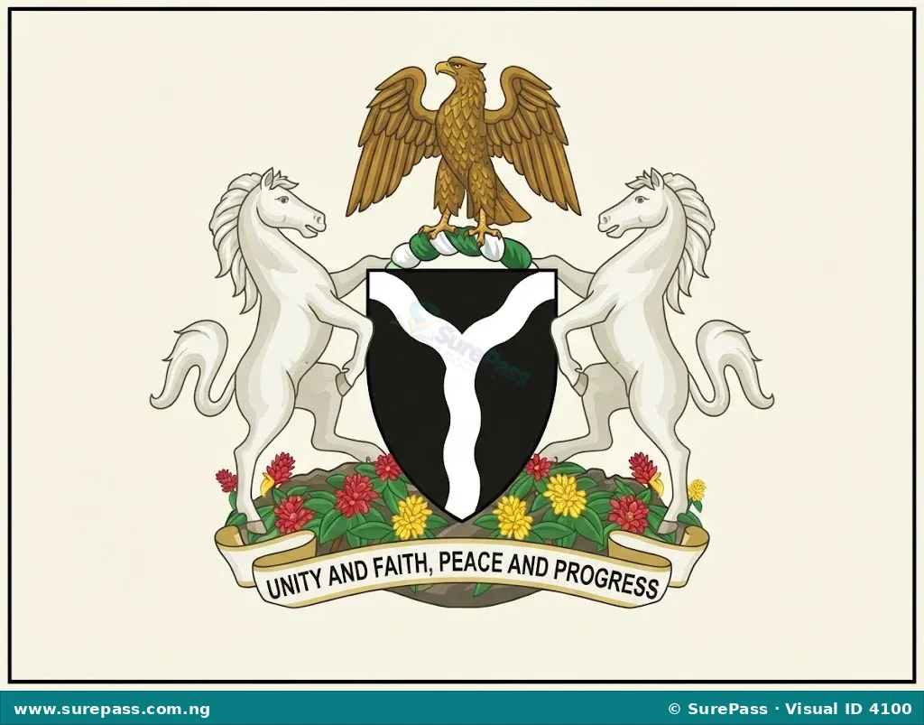 The Nigerian Coat of Arms with an eagle, two horses, a shield, and the motto.