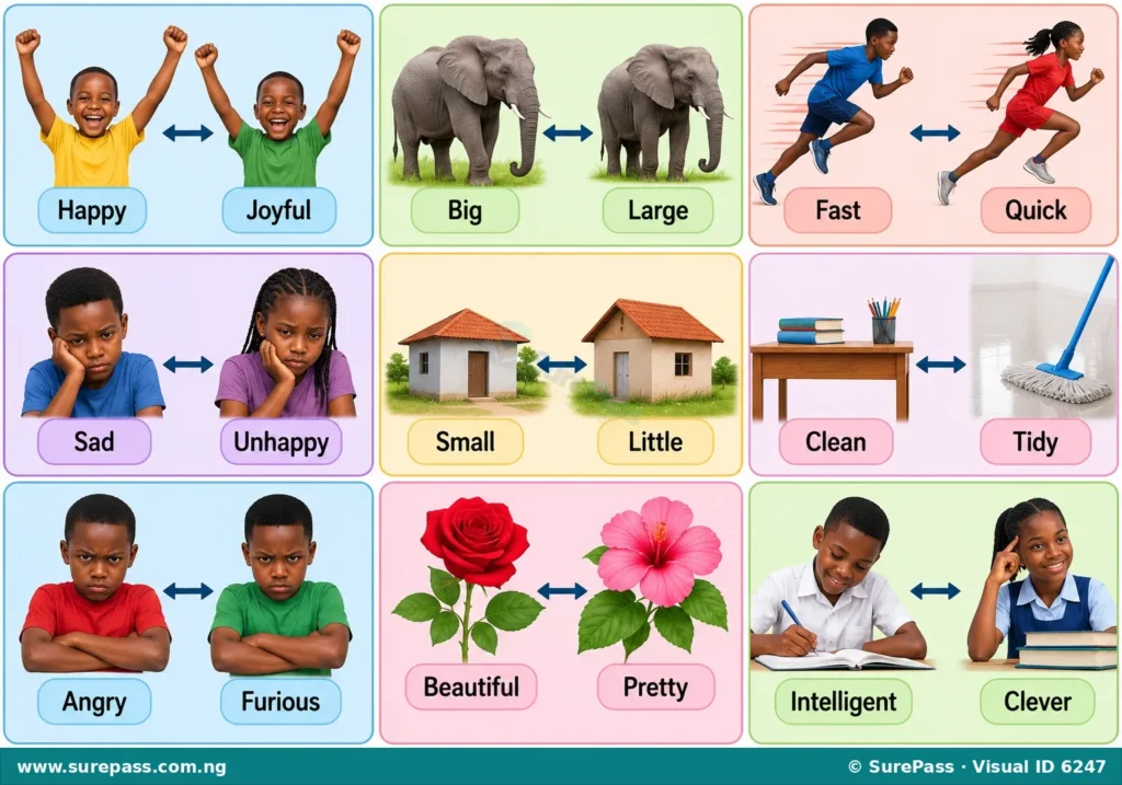 Illustration showing word pairs like Happy-Joyful, Big-Large, Fast-Quick, demonstrating synonyms.