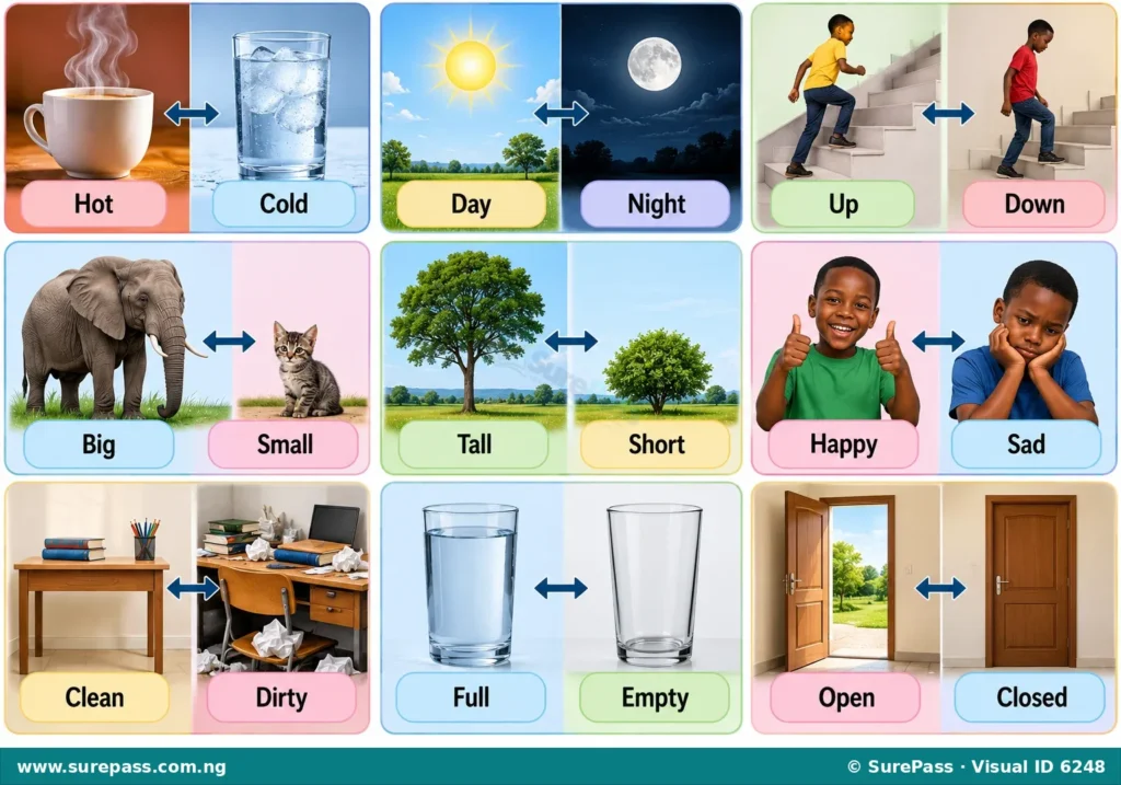 Illustration showing word pairs like Hot-Cold, Day-Night, Up-Down, demonstrating antonyms.