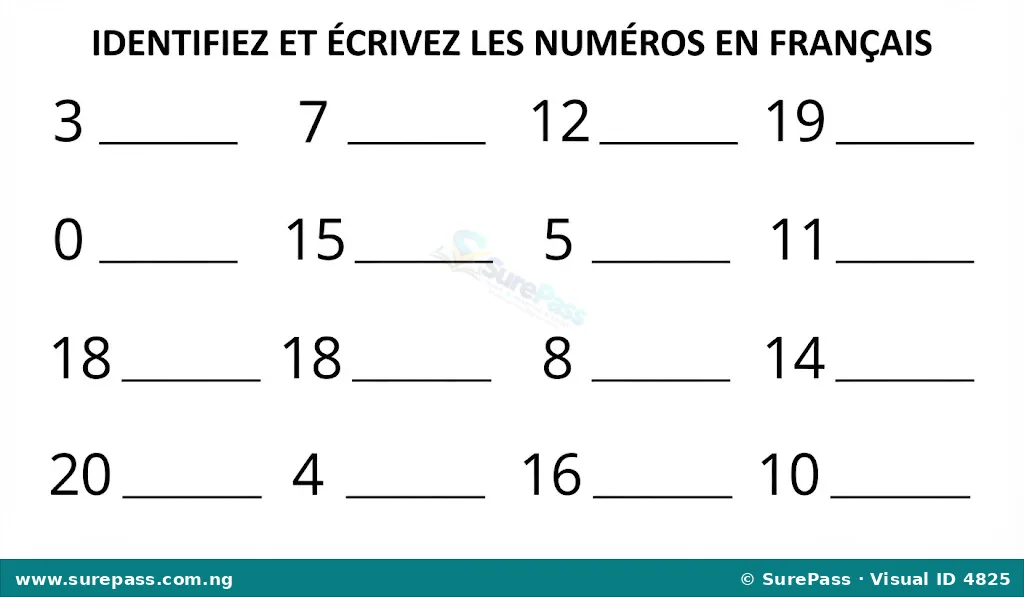 A set of Arabic numerals (e.g., 3, 7, 12, 19, 0, 15) for identification practice, with space to write their French names.