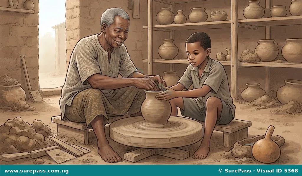 A master potter teaching an apprentice how to shape clay on a pottery wheel.