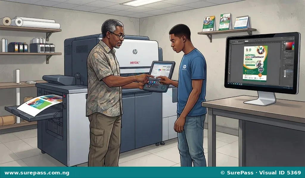 A senior designer training an apprentice in a modern printing and graphic design studio.