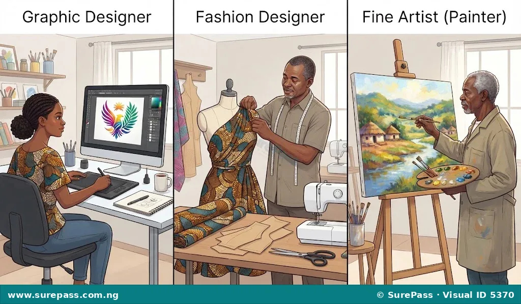 Three panels showing a graphic designer, a fashion designer, and a painter at work.