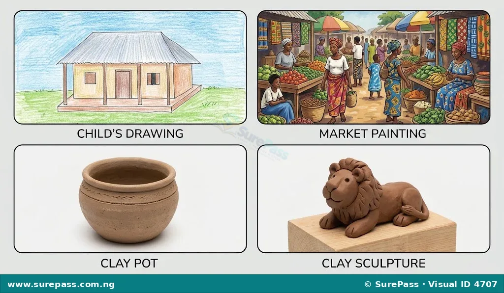 Examples of visual art including a drawing, a painting, a clay pot, and a clay sculpture.