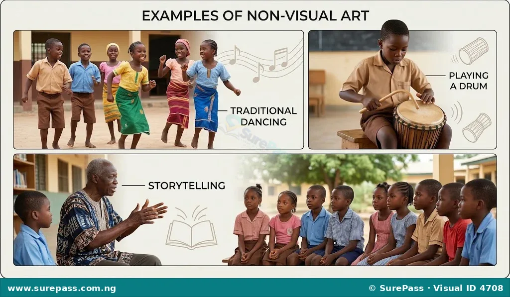Examples of non-visual art including children dancing, a child playing a drum, and an adult storytelling.