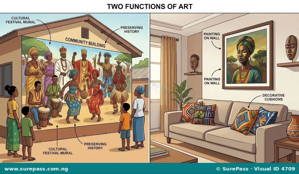 A mural showing a cultural festival and a decorated living room, illustrating art's functions in culture and decoration.