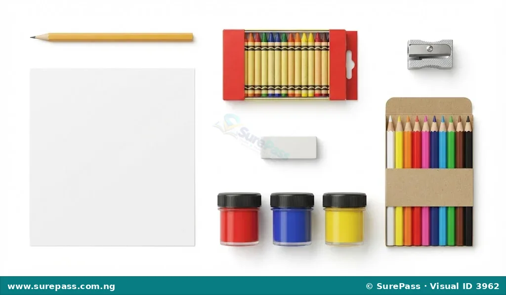 A collection of art materials including a pencil, paper, crayons, an eraser, colour pencils, poster colours, and a sharpener.