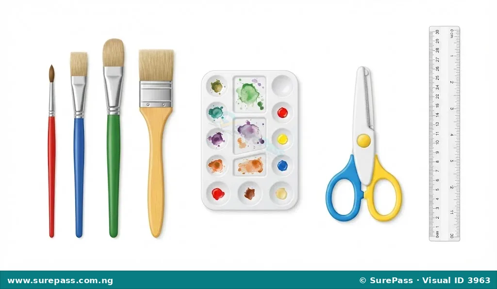 A collection of art tools including paint brushes, a colour mixing palette, child-safe scissors, and a ruler.