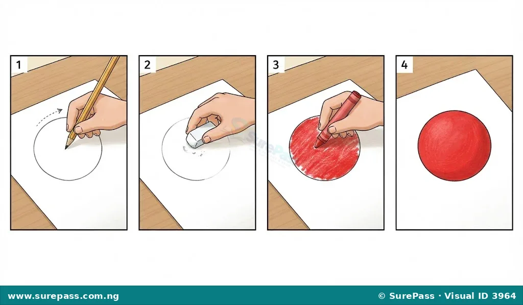 Step-by-step illustration of drawing and colouring a red ball. First, drawing an outline. Second, erasing a mistake. Third, colouring with a crayon. Fourth, the finished coloured ball.