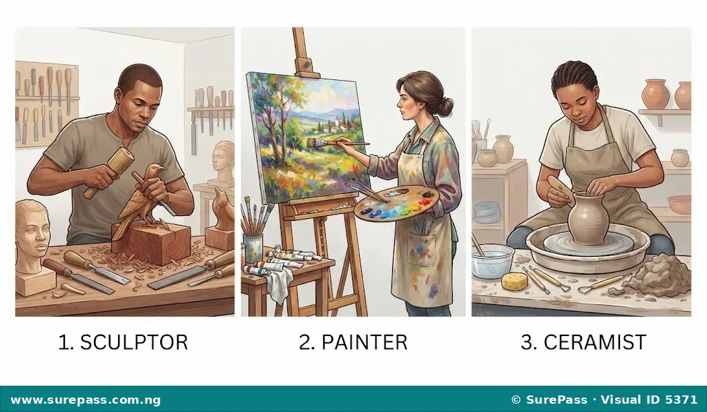 Illustration of a sculptor, a painter, and a ceramist working in their studios.