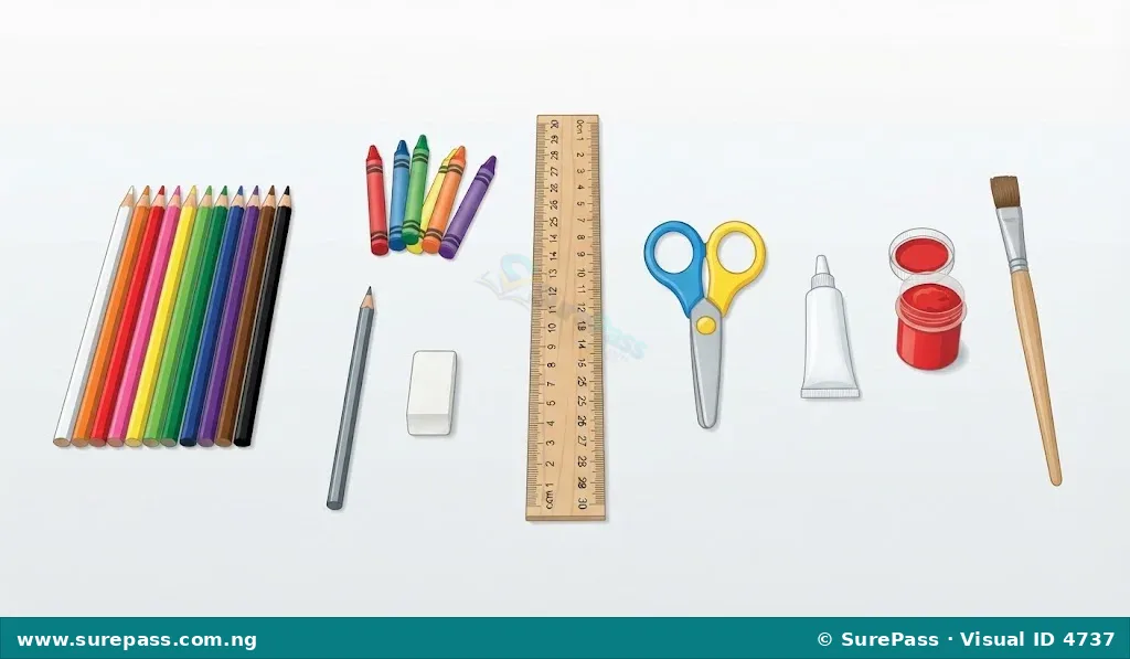 A collection of art tools including coloured pencils, crayons, a pencil, an eraser, a ruler, child-safe scissors, glue, poster paint, and a paintbrush.