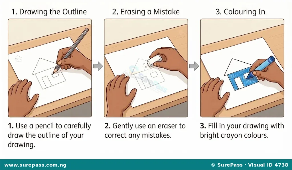 A three-part image showing a child drawing a house with a pencil, erasing a mistake, and then colouring it with a crayon.