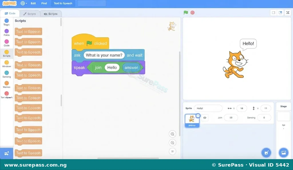 Scratch 3.0 interface showing the block code configuration for a simple interactive chatbot.