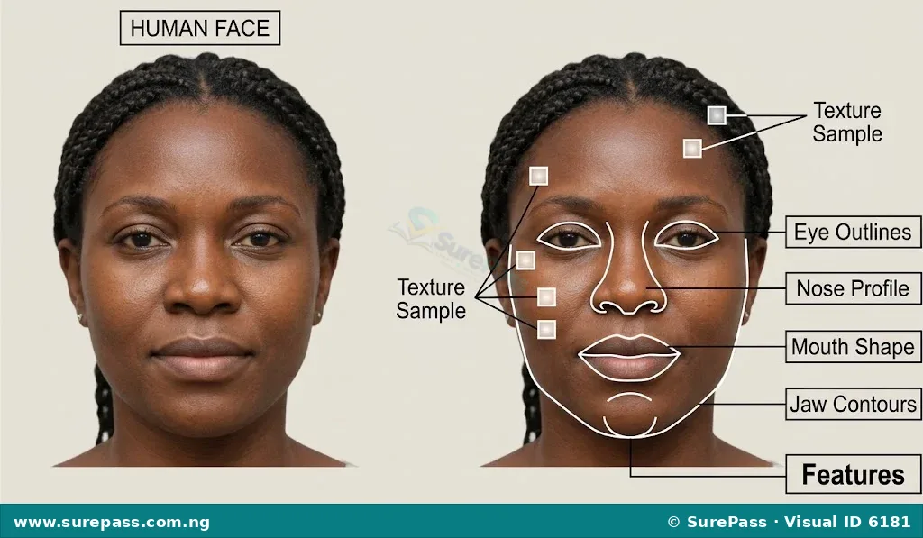 An image showing a human face, with lines and shapes highlighting key features like the eyes, nose, mouth, and jawline, demonstrating feature extraction.