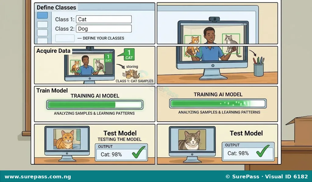 A visual guide demonstrating how to train an image classification model. It shows defining classes like 'Cat' and 'Dog', acquiring training images via webcam, the model training process, and finally testing the model with a new image of a cat, which it correctly identifies.