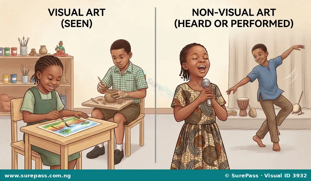 Children engaged in visual art (painting, sculpting) and non-visual art (singing, dancing).