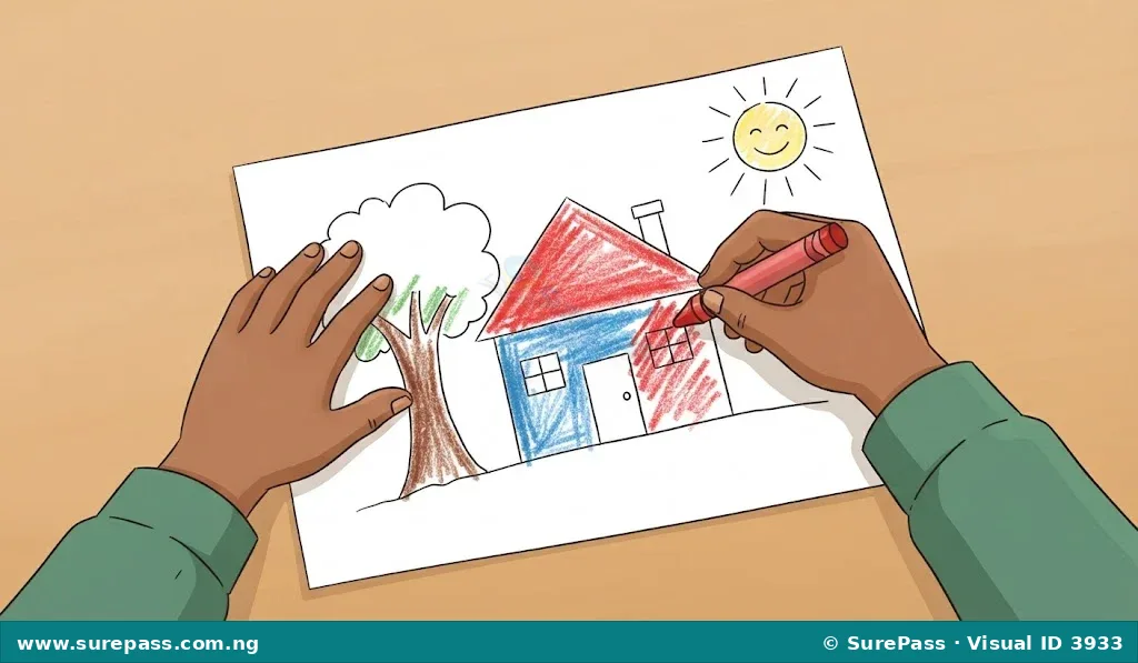 A child's hands colouring a drawing of a house, tree, and sun with crayons.