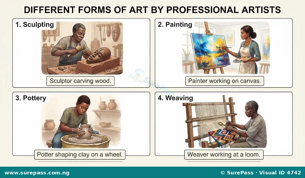 A collage showing a sculptor carving wood, a painter with a brush and canvas, a potter shaping clay on a wheel, and a weaver working at a loom.