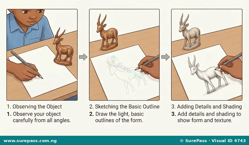 Three panels showing how to sketch. First, a person observes a carved animal sculpture. Second, a basic outline of the sculpture is drawn on paper. Third, details and shading are added to the sketch.