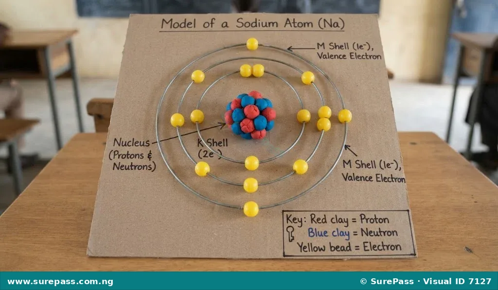 A physical model of a sodium atom made with cardboard, wire, and colored clay beads.