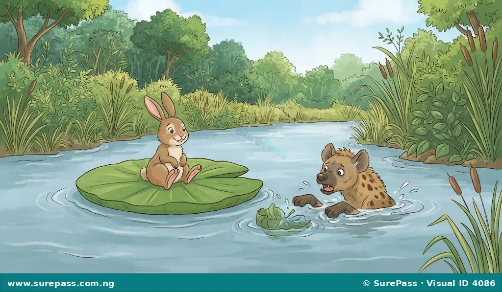A rabbit floating safely on a large leaf on a river, while a hyena struggles in the water next to a small, sinking leaf.