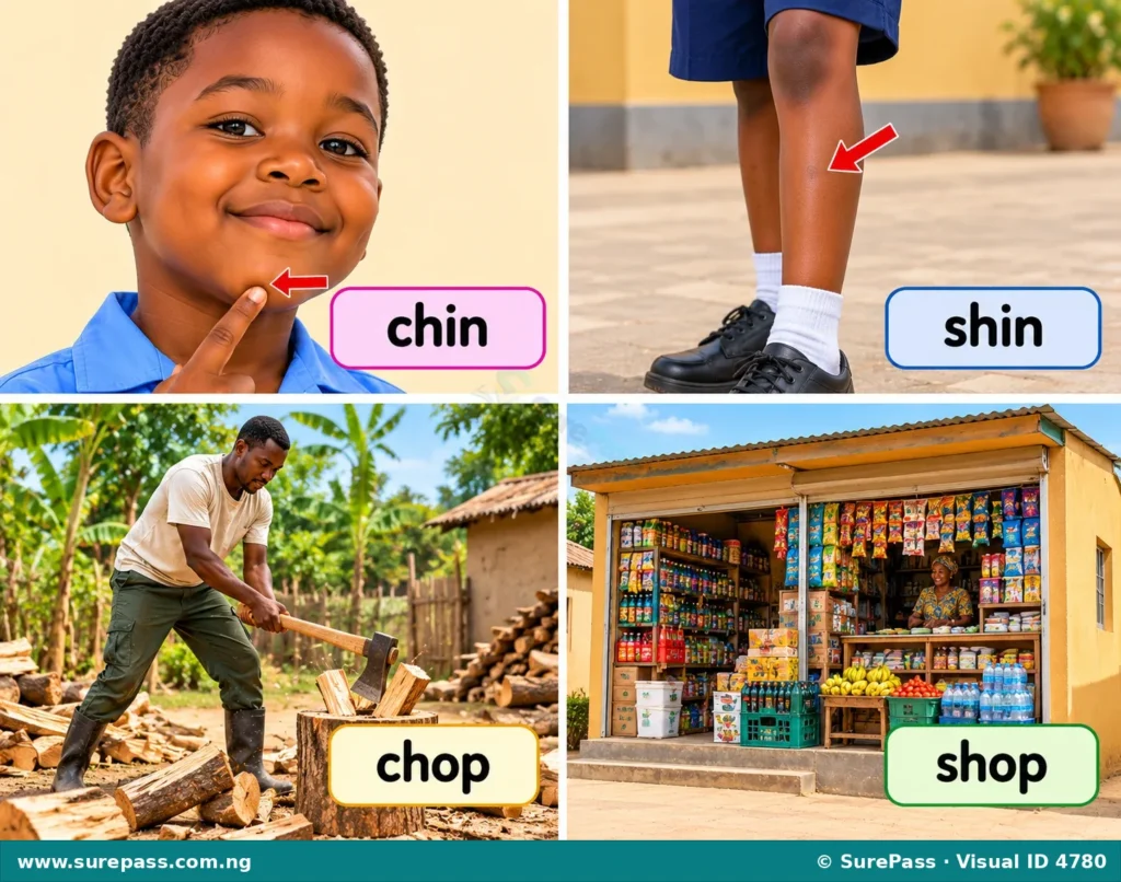 Illustration showing a chin, a shin, a person chopping, and a shop, with labels.