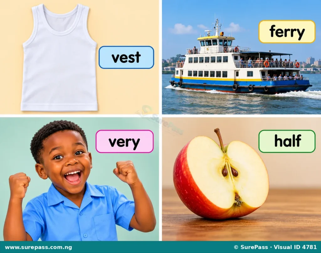Illustration showing a vest, a ferry, a happy face (very), and a half apple, with labels.