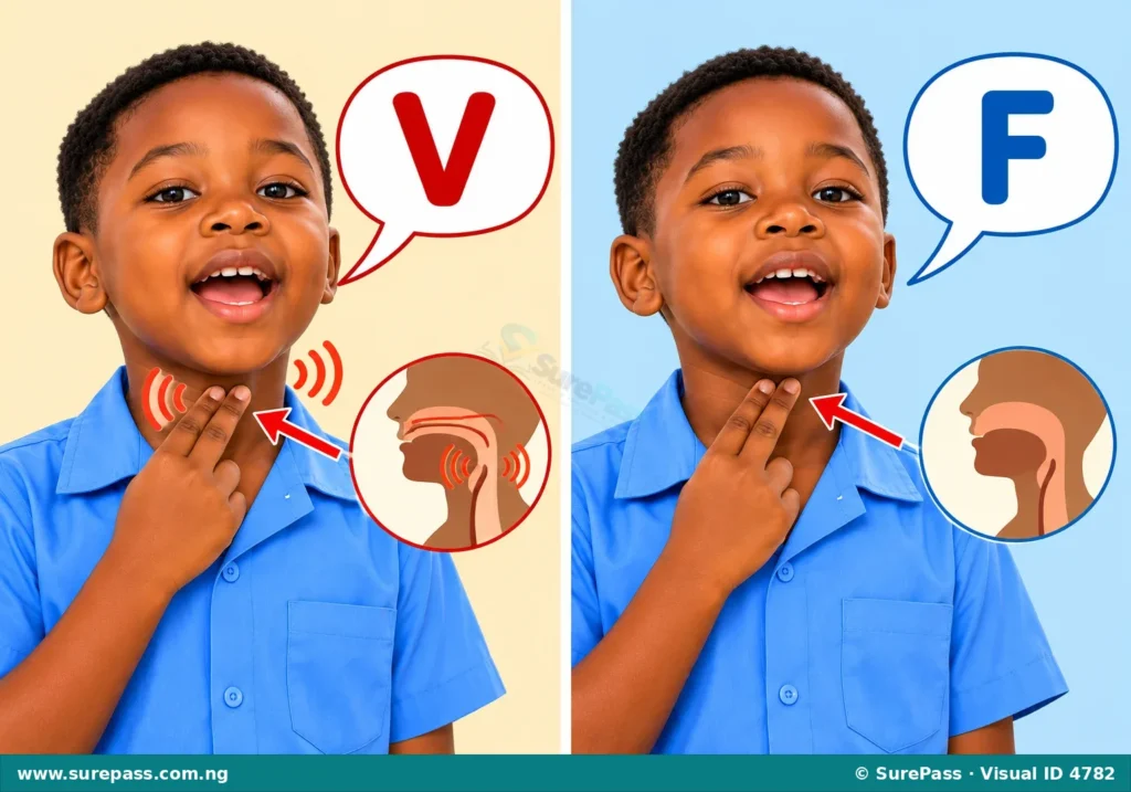 Child touching throat to feel vibration for voiced sounds (V) and no vibration for voiceless sounds (F).