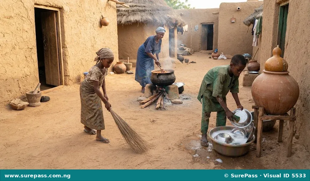 A scene showing Hausa household members performing chores like sweeping, cooking, and washing dishes in a compound.