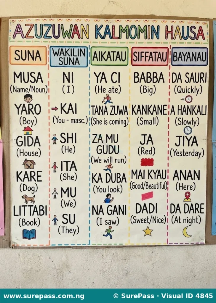 A classroom poster showing the five parts of speech in Hausa with examples in columns.