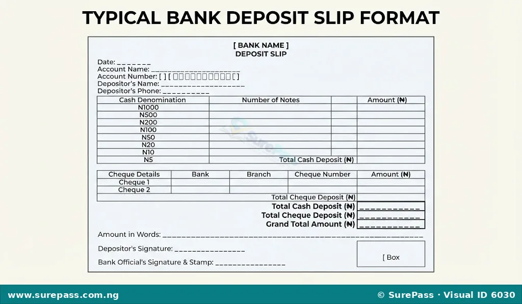 A sample bank deposit slip with fields for account details, cash denominations, cheque details, and total amount.