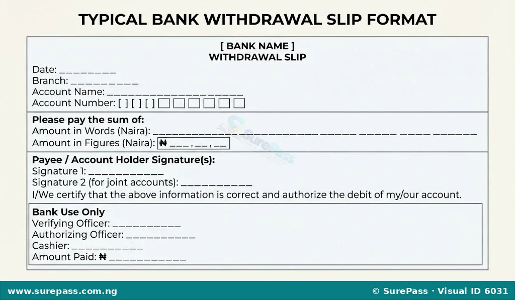 A sample bank withdrawal slip with fields for account details, amount, and signature.