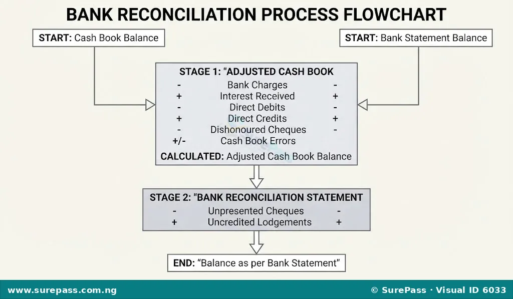 Flowchart showing the steps of bank reconciliation, from cash book and bank statement balances to adjusted cash book and final reconciliation.