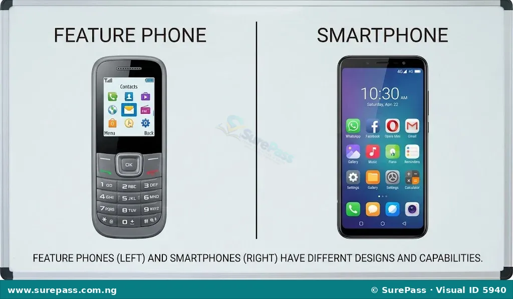 A feature phone with a keypad next to a smartphone with a large touchscreen.