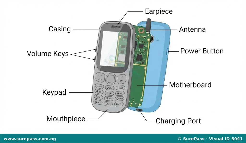 Diagram showing the labelled hardware components of a mobile phone, including casing, motherboard, keypad, earpiece, mouthpiece, antenna, charging port, power button, and volume keys.