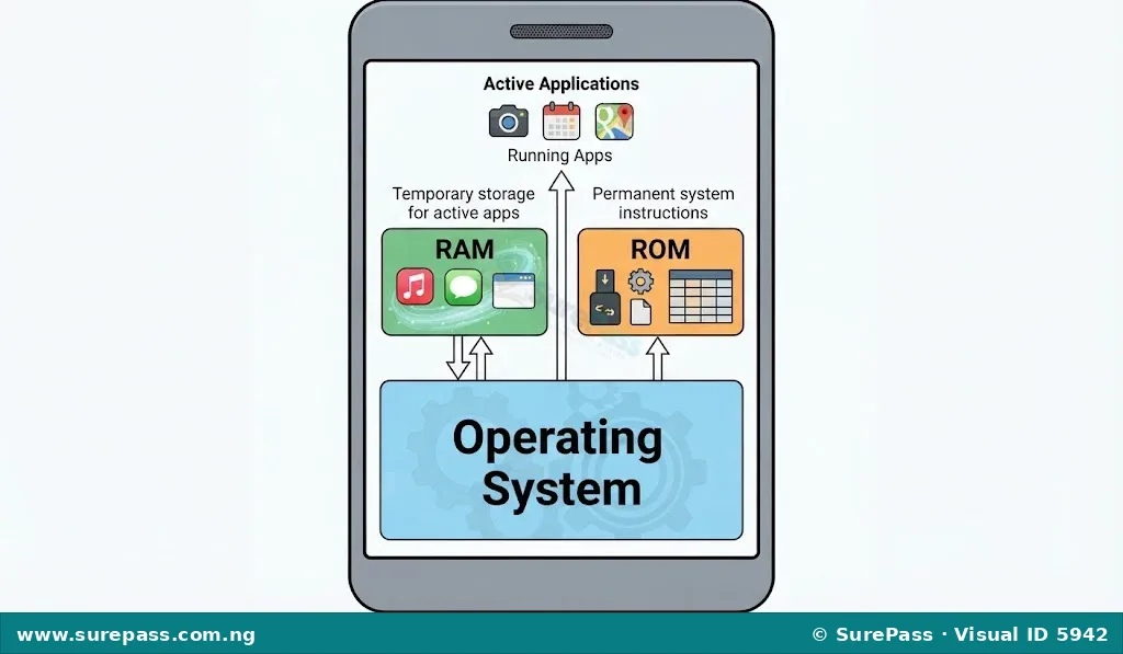 Conceptual diagram illustrating software components of a mobile phone, showing the Operating System as the base, with RAM for temporary data and ROM for permanent instructions.
