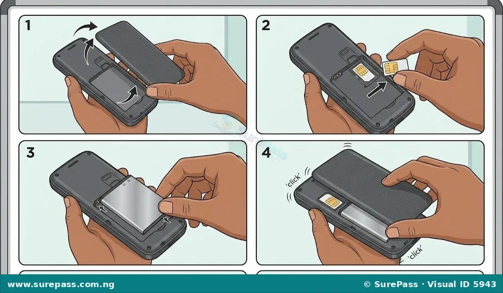 Step-by-step visual guide for assembling a mobile phone, showing how to remove the back cover, insert SIM card, insert battery, and reattach the back cover.