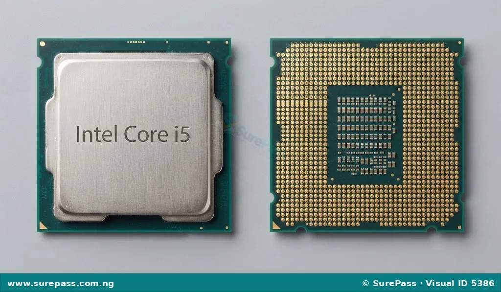 A top and bottom view of an Intel Core i5 CPU chip showing the metallic cover and gold contact pins.