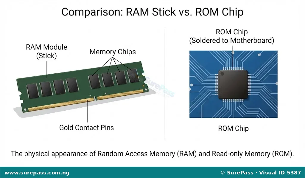 Comparison of a rectangular RAM stick with gold pins and a square ROM chip soldered on a motherboard.