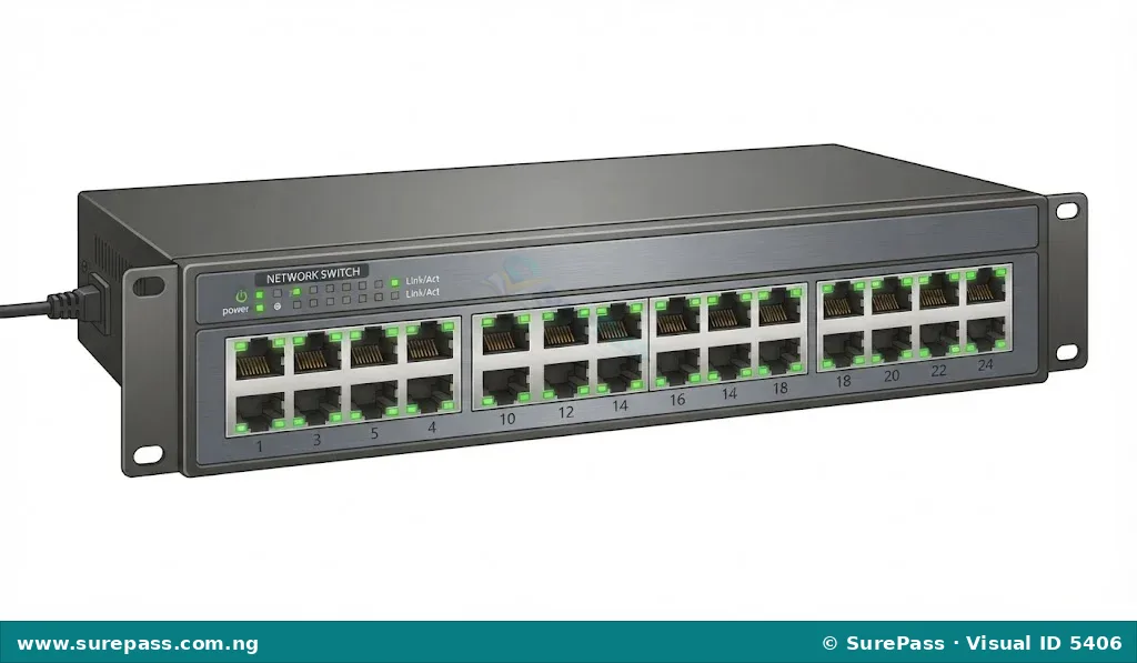 A network switch with multiple Ethernet ports and indicator lights.
