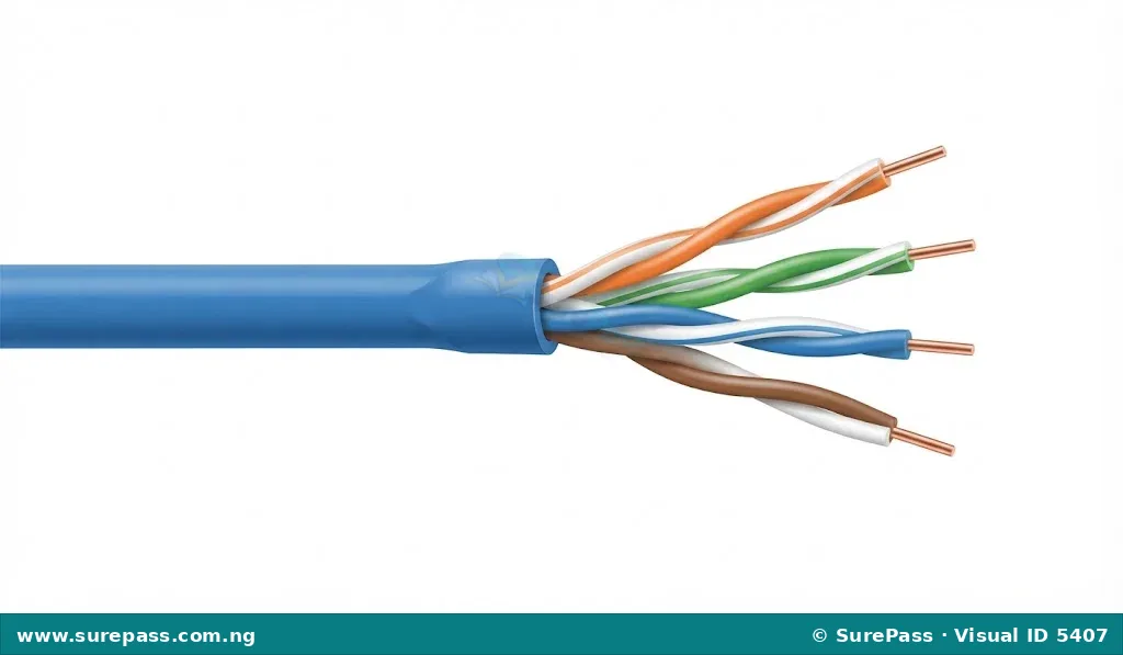 A blue Ethernet network cable showing the twisted pairs of wires inside.