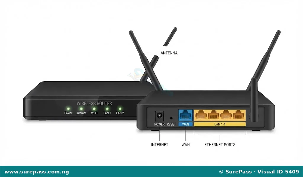 A wireless router with antennas and rear ports.
