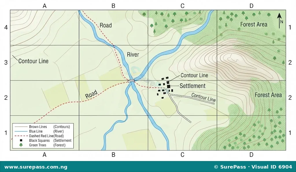 A section of a topographical map showing contour lines indicating elevation changes, a winding river, a road, a small cluster of buildings representing a settlement, and green areas for forests.