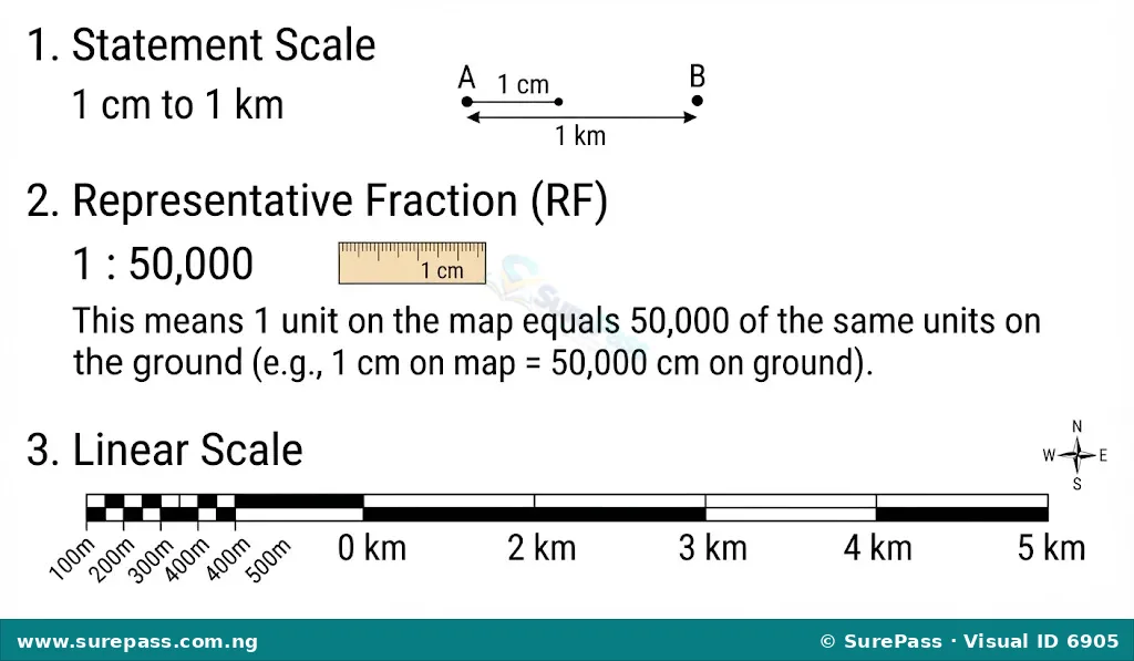 Diagram illustrating three types of map scales - a statement scale, a representative fraction, and a linear scale with marked distances.