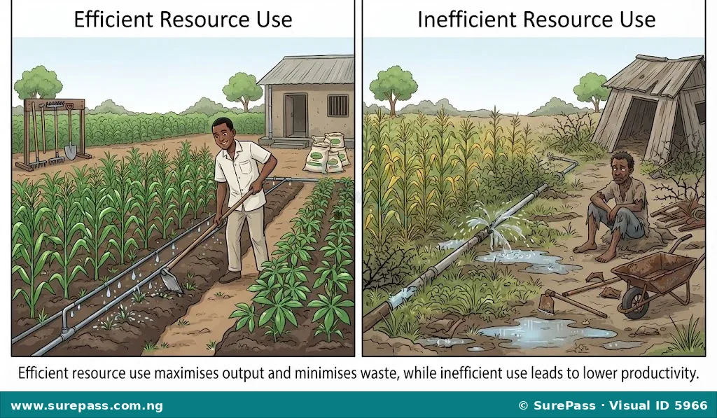 A comparison image showing efficient resource use on one side with a productive, well-managed farm, and inefficient resource use on the other side with a neglected, unproductive farm.