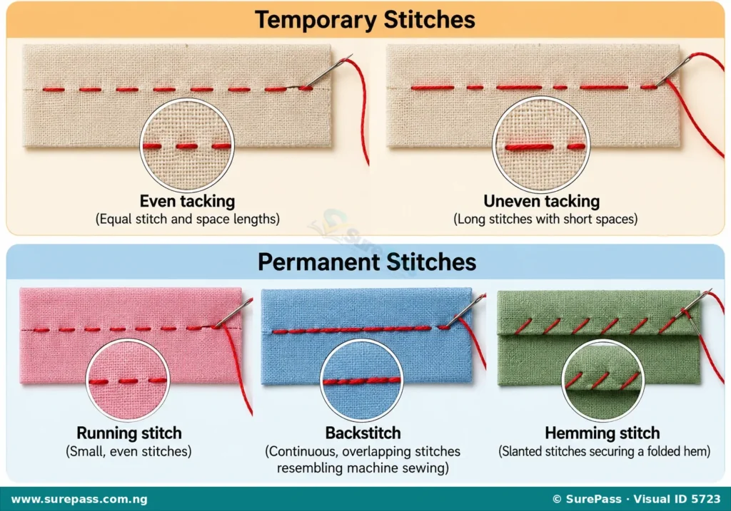 Diagram showing temporary and permanent hand stitches including even tacking, uneven tacking, running stitch, backstitch, and hemming stitch.