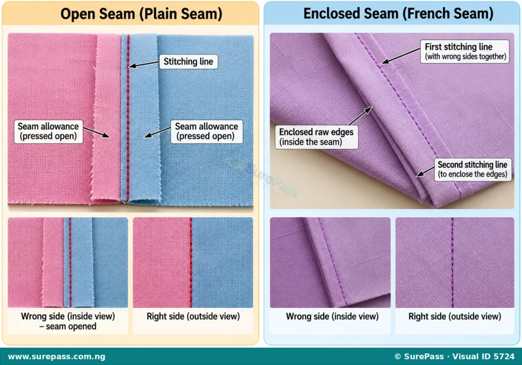 Comparison of an open plain seam and an enclosed French seam.